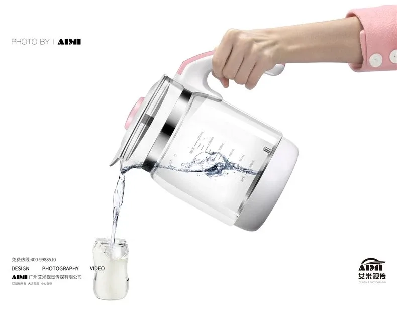 Video production — glass kettle pouring water, dynamic product shot