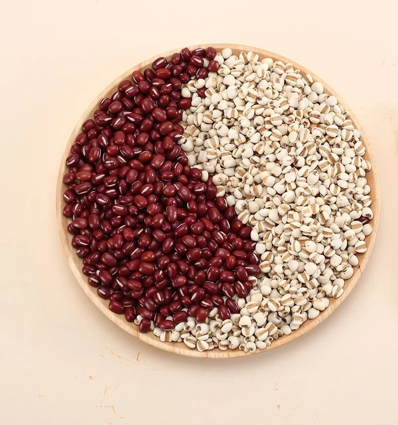 Red bean and coix seeds in a split flat lay composition on cream