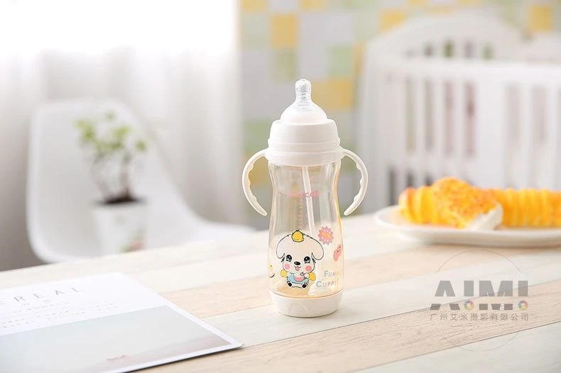 MORE CARE amber PPSU baby bottle with puppy print and weighted straw, warm nursery lifestyle photography