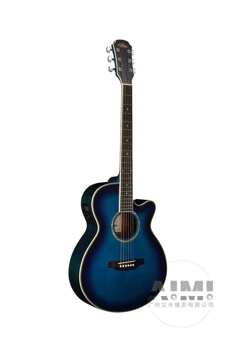 Blue burst acoustic electric cutaway guitar upright on white - blue guitar photography