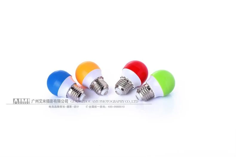 Three LED bulbs in increasing sizes on white - bulb size comparison photography