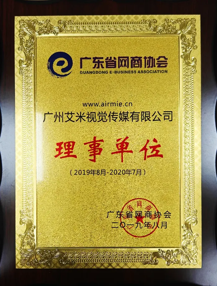 AIMI Guangdong E-Commerce Association Council Member plaque (term August 2019 - July 2020)