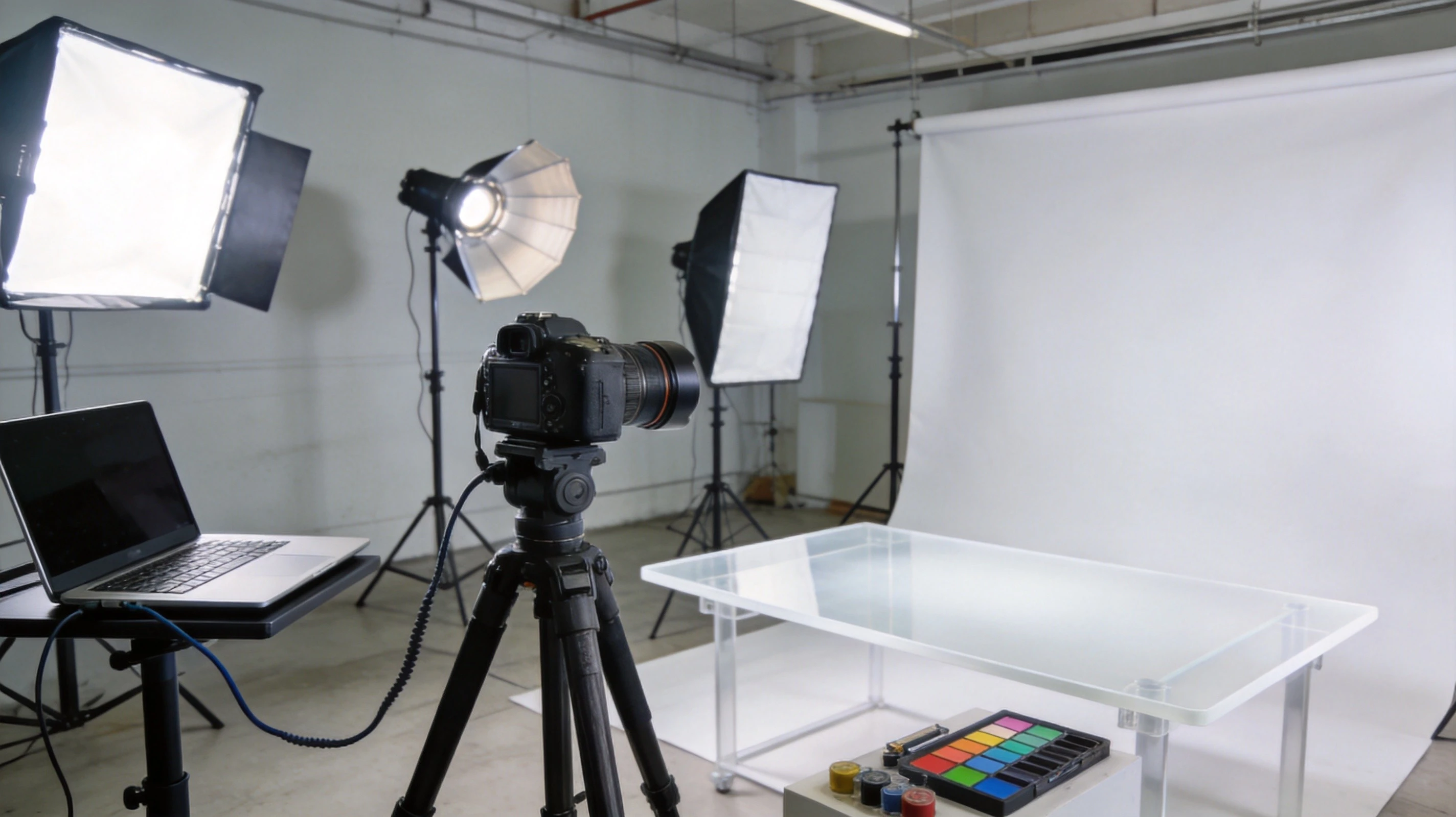 Well-equipped professional product studio with strobes, softboxes on C-stands, white seamless sweep, tethered capture, and color-managed workflow
