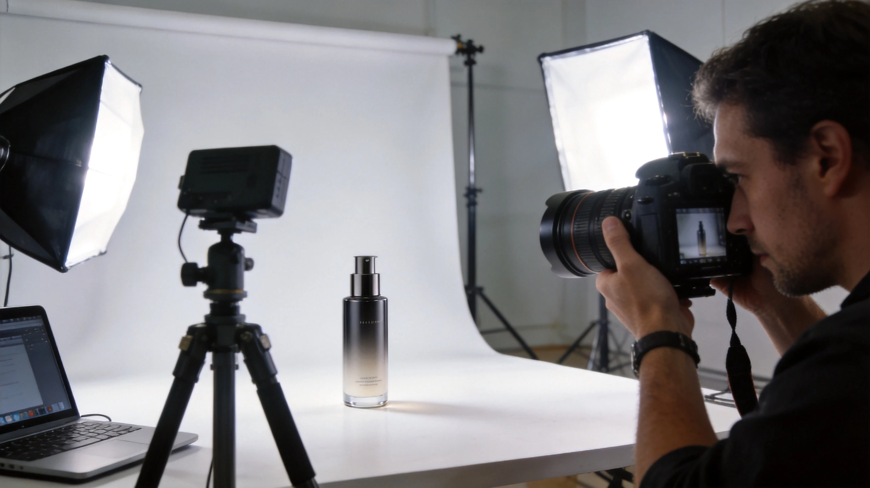Professional commercial product photography studio set up for Amazon-compliant white-background hero shots