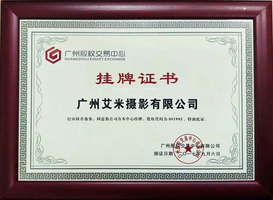 AIMI Guangzhou Equity Exchange listing certificate (equity code 891995, issued September 2017)